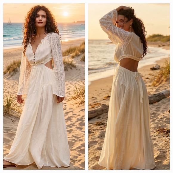 Free People Dresses & Skirts - Free People Free-est Lacie Maxi Dress Gauze Bell Sleeve Lace Cutout